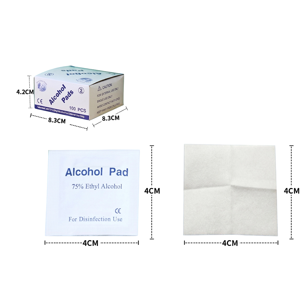 100 ríomhaire / Bosca 4x4cm Préimh Fillte Aonair 75% Pad Ullmhúcháin Alcóil Eitile le haghaidh Úsáid Baile, Taisteal & Cliniciúil