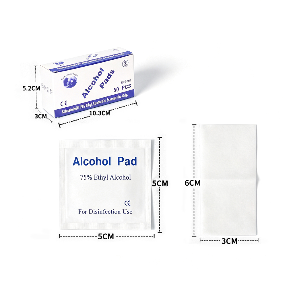 50 ríomhaire/Bosca 75% Fillte Aonair 6x3cm Díghalrú Sríopaí Alcóil Eitile le haghaidh Garchabhair & Cúram Pearsanta